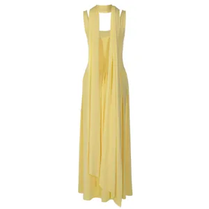 Yellow sleeveless long dress featuring a front ribbon scarf detail and pleated waist design.
