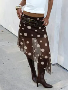 Women Irregular Mesh Polka Dot Print Midi Skirt Sexy Slim Fit High Waist Asymmetrical Tulle Skirt Streetwear Autumn Party Wear