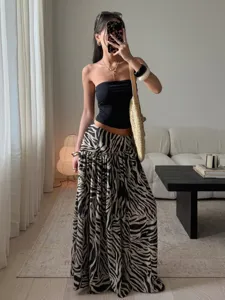 Jupe Maxi Imprimé Animal pour Femmes Taille Haute Large Léopard Zèbre Streetwear Jupe avec Poches Jupe Longue Évasée