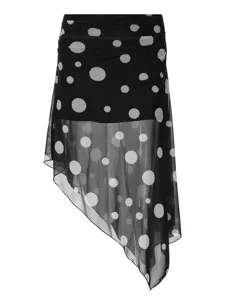 Elegantly designed black and white polka dot mesh asymmetric midi skirt for women style.