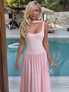 Women's pink sleeveless slim fit long dress with pleated skirt and chic choker strap design.