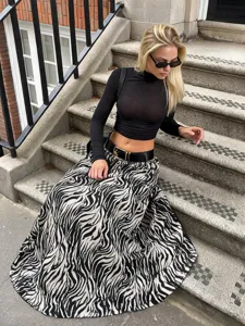 Femme longue jupe imprimé zèbre streetwear décontracté taille haute ample maxi jupe mode