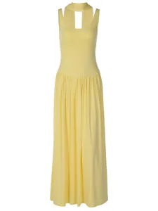 Women Yellow Sleeveless Halter Pleated Long Dress Summer Casual Elegant Maxi Dress