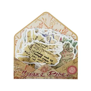 Vintage stained paper stickers set in envelope, 30 pcs scrapbooking DIY decorative crafts.