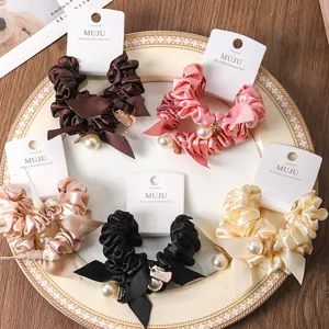 Satin Hair Scrunchies With Pearl Ribbon Bowknot Elastic Hair Ties Elegant Ponytail Holder Hair Accessories