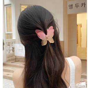 Detail view of sweet gradient butterfly hair claw clip, frosted finish, half-up hair styling.