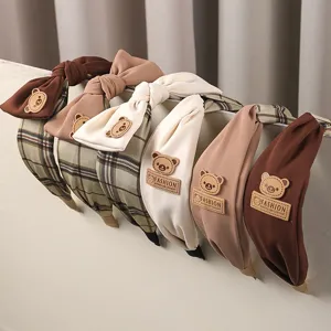Sweet Plaid Headband For Women Retro Cross Bowknot Hair Hoop Cute Little Bear Cloth Hair Accessories
