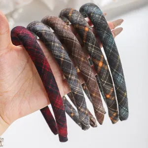 Korean style plaid flannel headband, retro chic thin hair hoop with soft padded design for daily.