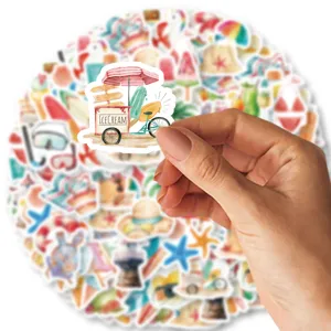 Close-up detail view of watercolor summer beach ice cream cart sticker, perfect for DIY crafts.
