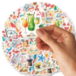 Waterproof summer cocktail sticker detail, watercolor beach decal for water bottle DIY.
