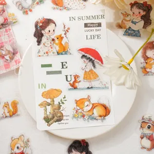 Cute PET sticker set with cute girls and squirrels, perfect for scrapbooking and DIY crafts.