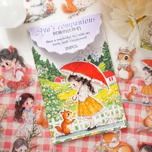 Detail view of cute vintage girl and squirrel PET sticker pack, pastoral stationery craft.
