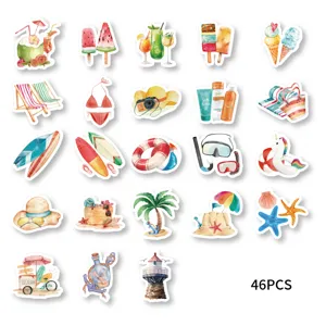 Details of 46pcs ocean beach watercolor graffiti stickers for DIY laptop water bottle decoration.