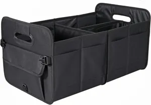Collapsible car trunk organizer with multiple compartments and side pockets, durable black fabric.