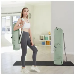 Multi-functional light green yoga mat backpack with adjustable strap and pocket for fitness.