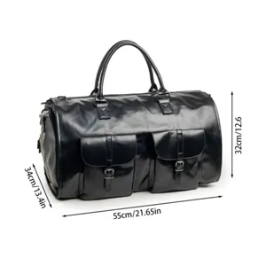 Black leather travel duffel bag for men and women, large capacity overnight luggage bag.