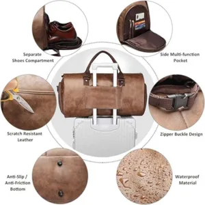 Leather travel duffel bag detail showing waterproof material and separate shoe pocket design.