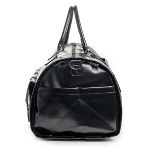 Side detail view of black convertible travel garment duffel bag, featuring dual handles.
