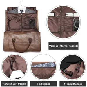 Brown leather garment bag travel duffel multi-functional folding suit carrier with pockets.