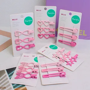 Pinces à Cheveux en Métal Rose Dopamine Douces Géométrique Cœur Étoile Nœud Ensemble d'Épingles pour Femmes Filles Accessoires