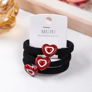 3 pcs black elastic hair ties with red heart charms, cute hair accessories set on card.