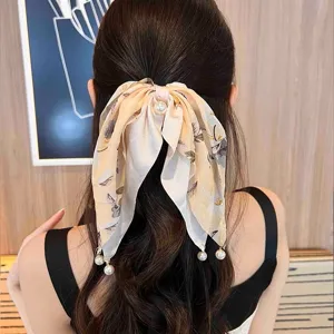 Korean style chiffon floral bow hair tie with elegant pearl pendants for women and girls ponytail.