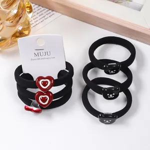 Cute seamless hair ties set with black bear and red heart charms, high elasticity hair bands.