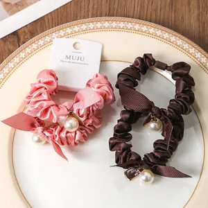 Korean style pearl ribbon hair scrunchies set, elegant satin pleated hair ties for women and girls.
