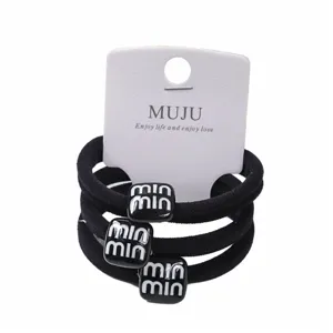Seamless black hair ties 3-pack carded elastic hair bands with letter beads for women.