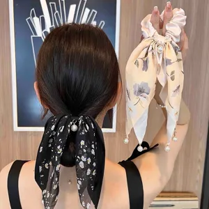 Korean Style Bow Ribbon Hair Scrunchy Artificial Pearl Pendant Tassels Hair Ropes Rubber Bands Hair Accessories For Women