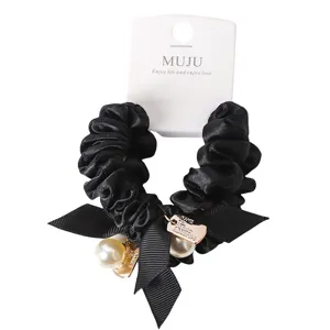 Black Satin Hair Scrunchie with Pearl Ribbon Bow and Metal Tag Fashion Ponytail Holder
