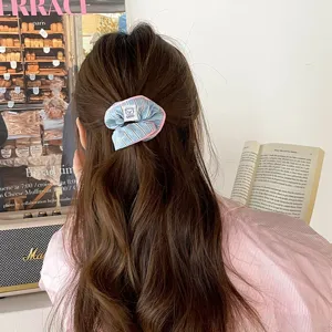 Blue striped hair scrunchie with cute bear tag, sweet style ponytail hair tie for women girls.