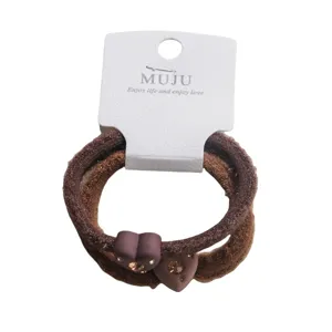 2-piece carded plush hair ties with rhinestone heart charms, minimalist brown hair ropes for women.