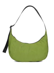 Green nylon shoulder bag with black strap, trendy crescent hobo bag for women daily use.