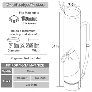 Schema tecnico dettagliato con dimensioni della borsa yoga e formati di tappetini compatibili.