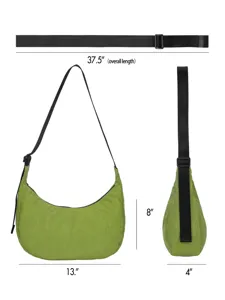 Green nylon crescent shoulder bag with adjustable strap, casual hobo crossbody bag dimensions.