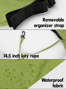 Green crossbody bag detail image showing removable organizer strap and waterproof fabric.