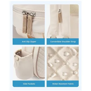 Detailed view of beige quilted waterproof backpack featuring anti-slip zippers and side pockets.