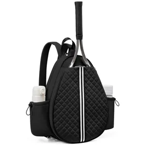 Detailed view of the black quilted tennis backpack showing the racket slot and side pockets.