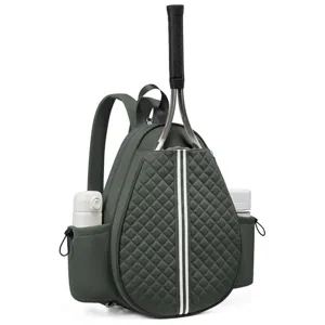Close-up detail of dark green quilted tennis racket backpack with dual side water bottle holders.