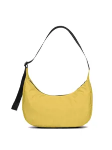 Yellow nylon crescent shoulder bag underarm style with black adjustable strap detail view