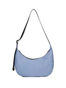 Light blue crescent shoulder bag, stylish underarm crossbody bag with black strap, casual daily wear.