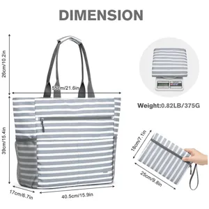 Large striped beach tote bag with waterproof design, multiple pockets and matching pouch included.