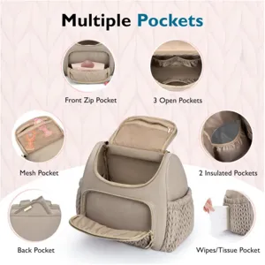 Mehrfunktionaler Wickelrucksack mit vielen Fächern, Isoliertaschen und praktischem Seitenfach.