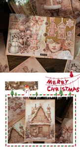 Detail view of vintage Christmas material paper, retro gingerbread and snowman scrapbook stickers.
