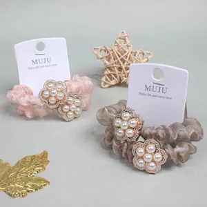 Luxury pearl flower hair scrunchie mesh hair rope with a delicate card packaging