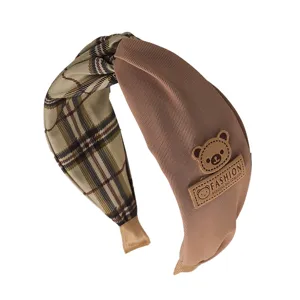 Sweet brown bear plaid headband for women, retro vintage fashion hair hoop and cute hair accessories.