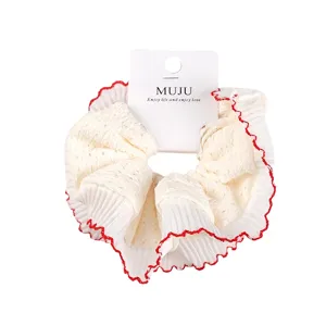 White lace hair scrunchie with red scalloped edge elegant hair tie for women and girls daily wear
