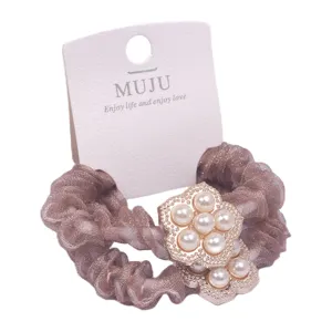 Luxury pearl flower mesh hair scrunchie elegant elastic hair band for women and girls