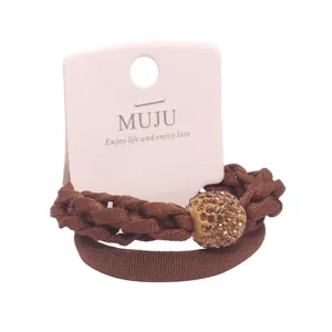 Korean luxury style elastic hair ties set of 2 with sparkling rhinestone ball and braided design